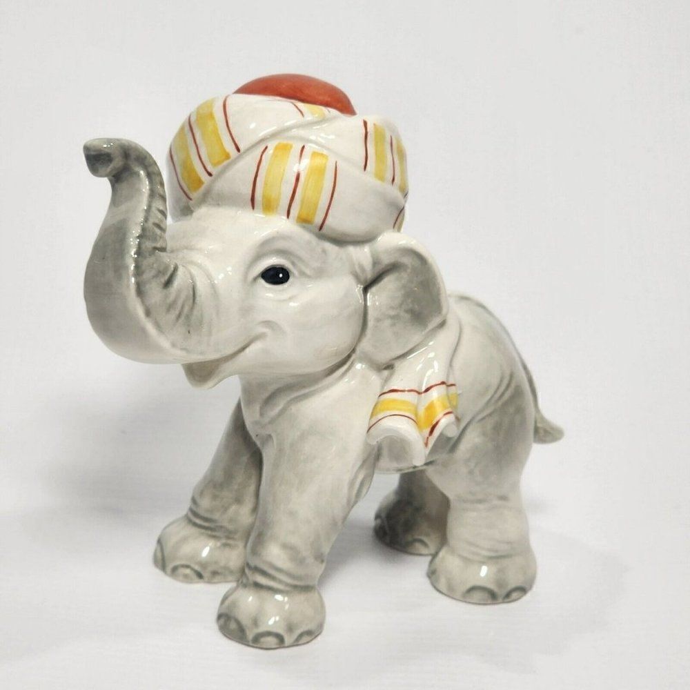 Goebel 5" Porcelain Elephant w‎ Hat Turban Trunk Raised Lucky Porcelain Figurine